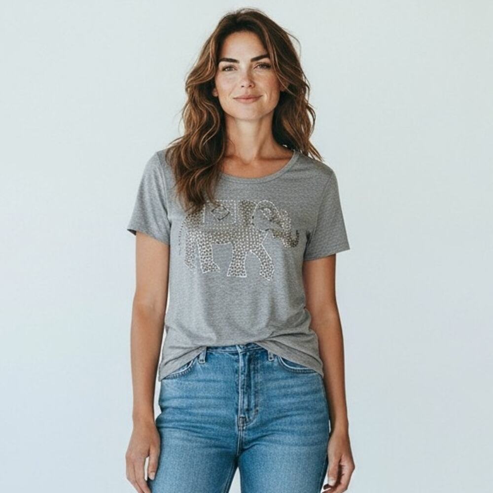 Hollister Womens S Gray Gold Silver Beaded Elephant Graphic T Shirt Boho Y2K